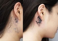 two pictures of a woman's neck with tattoos on her upper and lower ear