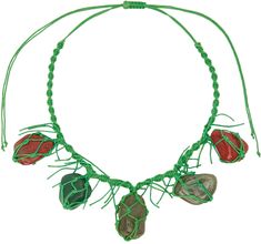 Braided cotton necklace in green. · Stones at length · Pull-through fastening · D14 Supplier color: Green Green Macrame, Chopova Lowena, Cotton Necklace, Green Stones, Macrame Necklace, Green Necklace, Green Stone, Green Cotton, Curator Style