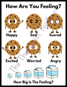 Get ready for identifying feelings with this adorable Cookie themed feelings chart. Designed to help young children identify and express emotions this chart will make a great tool for therapists, counselors, teachers and parents. Once children have identified their feelings, they can use the cute measuring tool at the bottom of the page to help express the size of their big or little feelings.  Check out all of the other feelings charts available in our shop and rotate them frequently to keep ch Emotions Games For Kids, Sel Kindergarten, Kindergarten Sel, Feelings Activity, Identifying Feelings, Emotions Game, Expressing Feelings