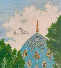 an oil painting of a blue dome with birds flying over it and trees in the background