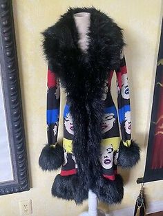 Betsey Johnson NWOT Marilyn Monroe Sweater Coat Duster S Faux Fur Warhol Perfect condition. One owner. Beautiful multicolor Betsey Johnson knit sweater coat duster with luscious fluffy black fur trim from collar to cuffs. Native American Knowledge, Chanel Sneakers, Knit Sweater Coat, Modern Pop Art, Sweater Coat, Sweater Coats, Fur Trim, Marilyn Monroe, Betsey Johnson