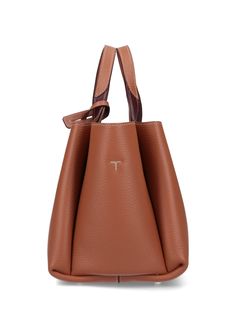 100% Calf leather Luxury Tan Shoulder Bag For Everyday, Designer Tan Satchel With Removable Pouch, Designer Tan Bucket Bag With Leather Handles, Luxury Tan Bucket Bag For Everyday Use, Luxury Tan Bucket Bag For Shopping, Luxury Tan Everyday Bag, Tan Leather Handle Bucket Shoulder Bag, Tan Shoulder Bucket Bag, Elegant Tan Bucket Bag For Travel