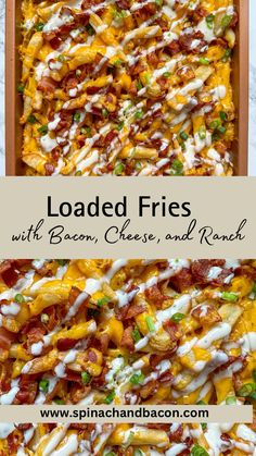 loaded fries with bacon, cheese and ranch in a casserole dish on a marble counter top