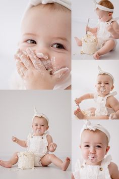 An adorable one year old enjoying her cake smash Unique 1st Birthday Photo Shoot Ideas, Cake Smash Photo Ideas, 1st Birthday Studio Photo Shoot Ideas, First Birthday Girl Cake Smash, Studio One Year Pictures, 1st Birthday Smash Cake Photoshoot, Simple Cake Smash, Simple Cake Smash Photoshoot, Cake Smash Photoshoot