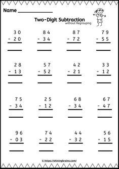 two digit subtraction worksheet for students to practice addition skills with numbers