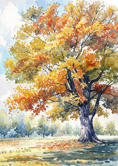 a watercolor painting of an autumn tree