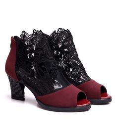 TMBU Red & Black Lace Peep-Toe Ankle Boot - Women | Zulily Latin Dancing, Chunky Heeled Boots, Peep Toe Ankle Boots, Party High Heels, Chunky Heels Casual, Casual Ankle Boots, Dancing Shoes, Open Toe High Heels