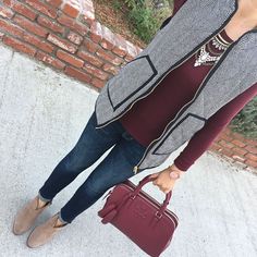 Petite Indigo Skinny Ankle Jean, burgundy long sleeve tee, Herringbone Puffer Vest, Thea double zip satchel, Franell western booties, fall outfit, winter outfit, casual outfit, petite clothes fashion - click the photo for outfit details! Burgundy Sweater Vest Outfit, Herringbone Vest Outfit, Outfit Petite, Petite Clothes, Herringbone Vest, Stylish Petite, Vest Outfit, Black Herringbone, Vest Women