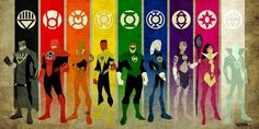 a group of superheros standing next to each other in front of a rainbow colored background