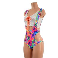 Tahitian Floral Siren Cut Hipnotic Suspender Romper, Flashbulb 6 Crop Top With Front Lace Up, Ties in Orange Sparkly Jewel 15810046 - Etsy Multicolor Bodysuit For Summer Music Festival, Rave Skirt, Mardi Gras Parade, Womens Jumpsuits, Neon Orange, Cropped Tank Top, Jumpsuits For Women, Lace Front, Jumpsuit Romper