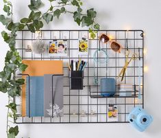 there is a wire rack with various items on it and some plants in the background