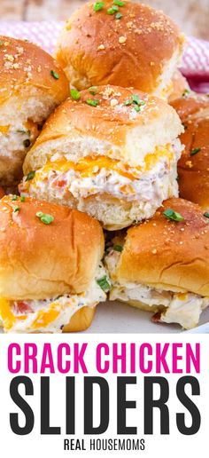 chicken sliders stacked on top of each other with text overlay