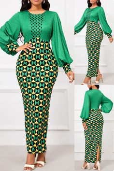 Step into elegance with Rosewe’s Geometric Print Patchwork Green Maxi Bodycon Dress 🌟. Perfect for party and evening wear, this dress features a unique patchwork design with a chic split and zipper detail. Embrace the maxi length and bishop sleeves for a sophisticated silhouette. Crafted from 95% polyester and 5% spandex for comfort and style. #Rosewe #ElegantStyle #MaxiDress #Bodycon #GeometricPrint #PartyDress #EveningWear #Fashionista #Trendy #StyleStatement 🎉👗 Latest Fashion Designer Dresses, Dresses For Young Women, Elegant African Dresses, Latest Gown Designs Party Wear, Wedding Dresses For Maids, Best African Dress Designs, Ankara Dress Designs, Modest Dresses Fashion, Ankara Long Gown Styles