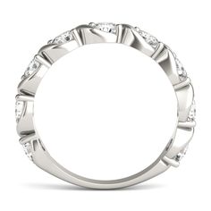 A moissanite swirl band celebrates your journey with contemporary design sure to take their breath away. Meticulously crafted in 14k white gold, this modern setting showcases nine round fiery moissanite gemstones for brilliance that lasts a lifetime.\nThrough a patented growing method, Forever One by Charles & Colvard offers accessible luxe jewelry with superior colorless to near-colorless lab-created moissanite gemstones. Each piece features unsurpassed craftsmanship meeting the most exacting s Modern Twist White Diamond Ring, Modern Diamond Jewelry With Tension Setting, Diamond Jewelry With Tension Setting And Modern Twist, Modern Twist Diamond Jewelry With Tension Setting, Modern White Gold Diamond Ring With Halo Design, Modern Twist White Gold Jewelry For Anniversary, Modern Diamond Ring With Diamond Accents, Modern White Gold Eternity Band With Brilliant Cut, Modern Twist Ring With Prong Setting For Anniversary