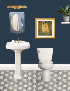 a white toilet sitting next to a bathroom sink under a painting on the wall above it