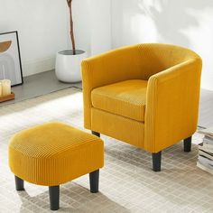 a yellow chair and ottoman in a white room