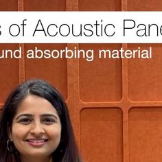 a woman standing in front of a wall with the words sounds of acoustic panels behind her