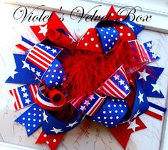 4th Of July Hair bow  Funky Patriotic Boutique by VioletsVelvetBox, $9.99 4th Of July Hair, Rainbow Loom Charms, Loom Charms, Ribbon Sculpture, Rainbow Loom Bracelets, Diy Bows, Holiday Bows, Cheer Bow, Boutique Hair Bows