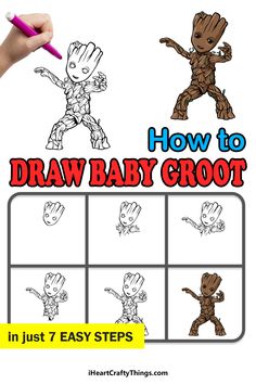 Baby Groot Drawing, Ancient Rome Projects, Draw Video, Draw Doodles, The Guardians Of The Galaxy, Status Update, Art Therapy Projects, Baby Drawing, Rock Painting Ideas Easy