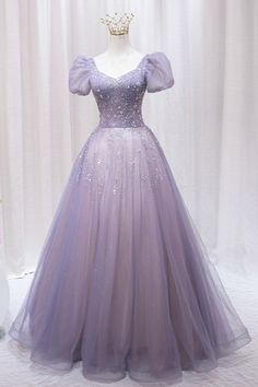 Purple Tulle Beaded Long Formal Dress Outfits For Girls Purple Sequin Dress For Debutante Ball, Purple Embellished Dress For Debutante Ball, Embellished Purple Dress For Debutante Ball, Purple Embellished Evening Dress With Sweetheart Neckline, Embellished Tulle Dress With Short Sleeves, Short Sleeve Embellished Tulle Dress, Purple Gown For Debut, Gown For Debut, Purple Gown