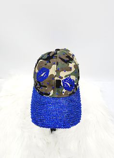 Camo hat with blue rhinestones and lips Curved Brim Baseball Cap For Parties, Blue Adjustable Hat With Rhinestones, Adjustable Blue Hat With Rhinestones, Blue Summer Hat With Rhinestones, Blue Rhinestone Hat For Summer, Trendy Blue Party Hats, Camo Hat, Oversized Earrings, Camo Hats