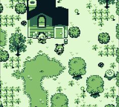 an image of a pixel art scene with trees and bushes in the foreground, including a house on top of a hill