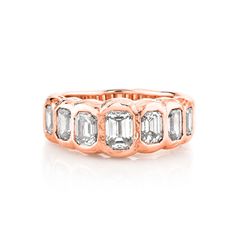 Graduated Emerald Cut Diamond River Ring Rose Gold 3 Lab-Created by Logan Hollowell Jewelry Luxury Rose Gold Emerald Cut Emerald Ring, Rose Gold Emerald-cut Emerald Ring For Anniversary, 14k Gold Multi-stone Emerald Cut Rings, Luxury Emerald-cut Diamond Ring With Rose Cut Diamonds, Gia Certified Rose Gold Emerald-cut Jewelry, Logan Hollowell, Emerald Cut Diamond, Ruby Sapphire, Aquamarine Blue