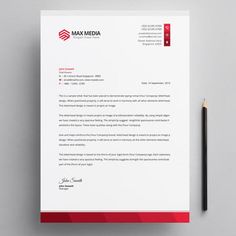 a red and white letterhead with a pencil on it next to a piece of paper