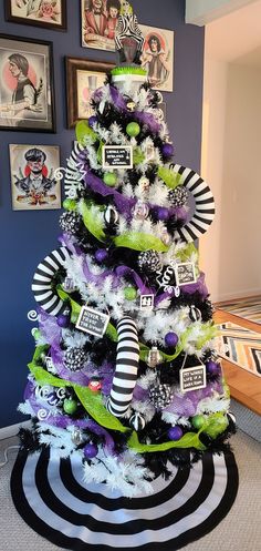 Halloween Decor, Glass Mosaic Tiles, Glass Mosaics Nightmare Before Christmas Tree Walmart, White Halloween Christmas Tree, White Halloween Tree Decorating Ideas, Ouija Board Halloween Decor, Nightmare Before Christmas Christmas Tree Theme, Beetle Juice Tree, Beetlejuice Halloween Tree, Purple And Green Halloween Decor, Beetlejuice Christmas Decorations