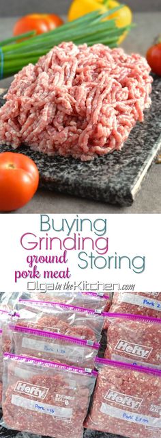 some ground meat and tomatoes on a table with text overlay that says, buying ground beef