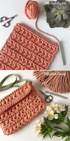 the crochet purse is being made with yarn and scissors, along with some flowers