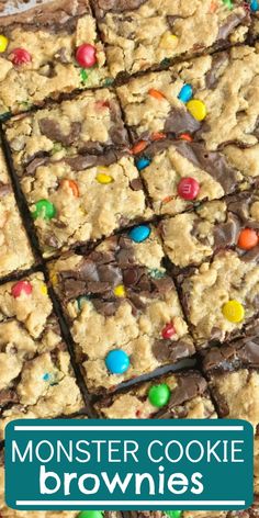 monster cookie brownies with m & m candies in the middle and text overlay