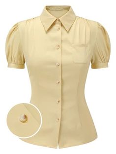 1940s – Page 2 | Retro Stage Vintage Solid Color Tops For Work, Vintage Solid Color Tops For Workwear, Solid Vintage Tops For Workwear, Fitted Yellow Tops With Buttons, Retro Fitted Short Sleeve Blouse, Fitted Retro Workwear Blouse, Retro Solid Color Tops For Workwear, Yellow Fitted Puff Sleeve Top, Retro Top With Buttons