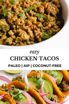 easy chicken tacos with avocado, cilantro and red onions in a white bowl