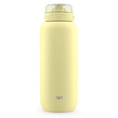 a yellow stainless steel water bottle on a white background with the lid up and nozzles