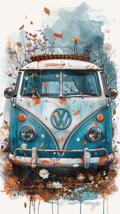 an old vw bus painted in blue and orange