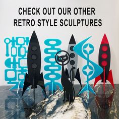 an advertisement for the retro style sculpture is displayed in front of a black marble table