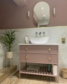 a bathroom with a sink, mirror and plant on the floor in front of it