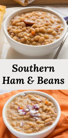 two bowls of southern ham and beans soup with bread on the side, in front of them