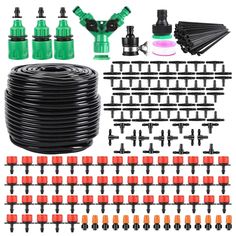 an assortment of garden hoses, sprinklers and other items for gardening