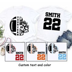 Customized Football Shirt, Custom Name and Number Football Shirt, Custom Football Team Shirt, Football Mom Shirt, High School Football Fiber composition Solid colors are 100% cotton; Heather colors are 50% cotton, 50% polyester (Sport Grey is 90% cotton, 10% polyester); Antique colors are 60% cotton, 40% polyester Fabric Made from specially spun fibers that make very strong and smooth fabric, perfect for printing Without side seams Knitted in one piece using tubular knit, it reduces fabric waste and makes the garment more attractive Ribbed knit collar without seam Ribbed knit makes the collar highly elastic and helps retain its shape Shoulder tape Twill tape covers the shoulder seams to stabilize the back of the garment and prevent stretching Machine wash: warm (max 40C or 105F); Non-chlor Football Team Shirts, Football Mom Shirts, Fabric Waste, Shirt Football, High School Football, Custom Football, Football Boys, Team Shirt, School Football