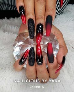 Red And Silver Nails, Black And Red Nails, Red Ombre Nails, Red Nail Art Designs, Black Nails With Glitter, Drag Make-up, Maroon Nails, Red Nail Art