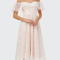 Carmen Marc Valvo Infusion Embroidered Sweetheart Off-The-Shoulder Midi Dress Nwt, Cream Color, Size 8 Feminine Off-shoulder Lace Dress, Lace Midi Dress For Spring Bridesmaid, Off-shoulder Lace Dress For Spring Wedding, Off-shoulder Lace Wedding Dress For Spring, Spring Wedding Off-shoulder Lace Dress, Carmen Marc Valvo Dress, Carmen Marc Valvo, Size 8 Dress, Cream Dress