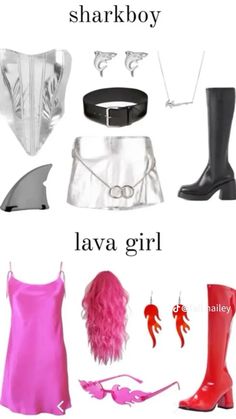 some different types of clothes and shoes on a white background with words that say, i'm the shark boy lava girl