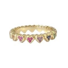 14K Gold Eternal Rainbow Heart Ring Rose Gold Heart Cut Stackable Rings, Word Ring, Rainbow Gemstones, Stacking Bands, Heart Shaped Rings, Eternity Band Ring, Orange Sapphire, Heart Gemstone, Affordable Gifts