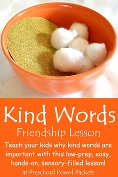 an orange bowl filled with cotton balls on top of a white countertop next to a text that reads, kind words