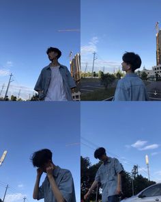 four different shots of a young man talking on his cell phone while standing in front of a car