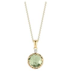 14 Karat Yellow Gold Hand-Crafted Polish-Finished Pendant, Centered with a 10mm Round Checkerboard -Cut 3.25CT Green Amethyst Semi-Precious Color Stone, Accented with 0.015 Carats of a Bezel Set Diamond, and Sliding on a 16" Rolo Chain. Color Stone Pendant, Amethyst Color, Bezel Set Diamond, Color Stone, Gold Hands, Amethyst Necklace, Green Amethyst, Stone Pendant, Stone Pendants