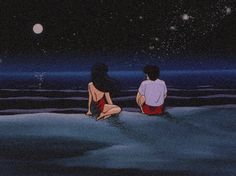 two people sitting in the water looking at the stars