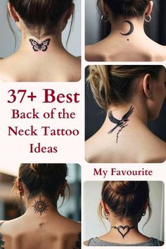 the back of a woman's neck has tattoos on it and is shown in four different